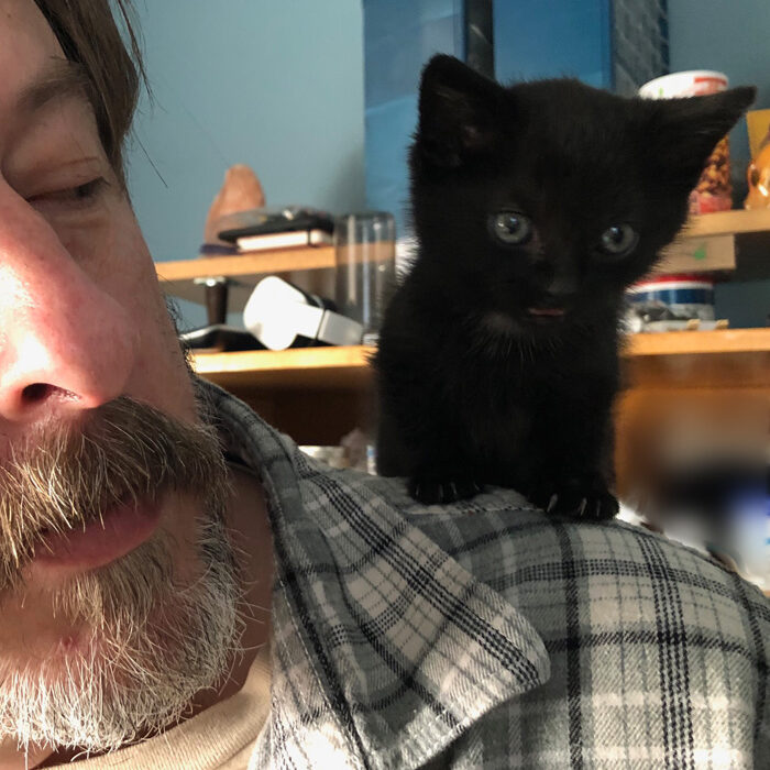 Web Developer for True Nature Travels Mark Moffitt with kitten, Lucky, on his shoulders.